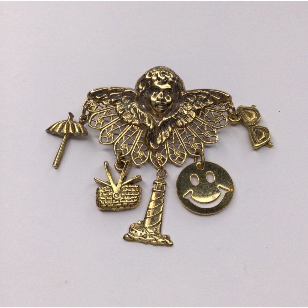 Vintage Cherub Brooch Pin Jewelry Five Drop Dangling Charms Gold Tone